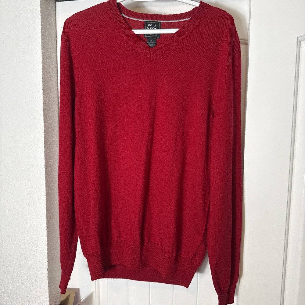 Jos. A. Bank Traveler's Collection Red Merino Wool V-Neck Sweater Mens Large